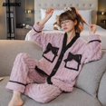 thumbnail image 2 of Conjunto de pijamas de franela suave y grueso de invierno para mujer, cárdigan estilo kimono japonés para niñas, ropa de dormir de peluche, pijamas térmicos con cuello en V para mujer, 2 of 5