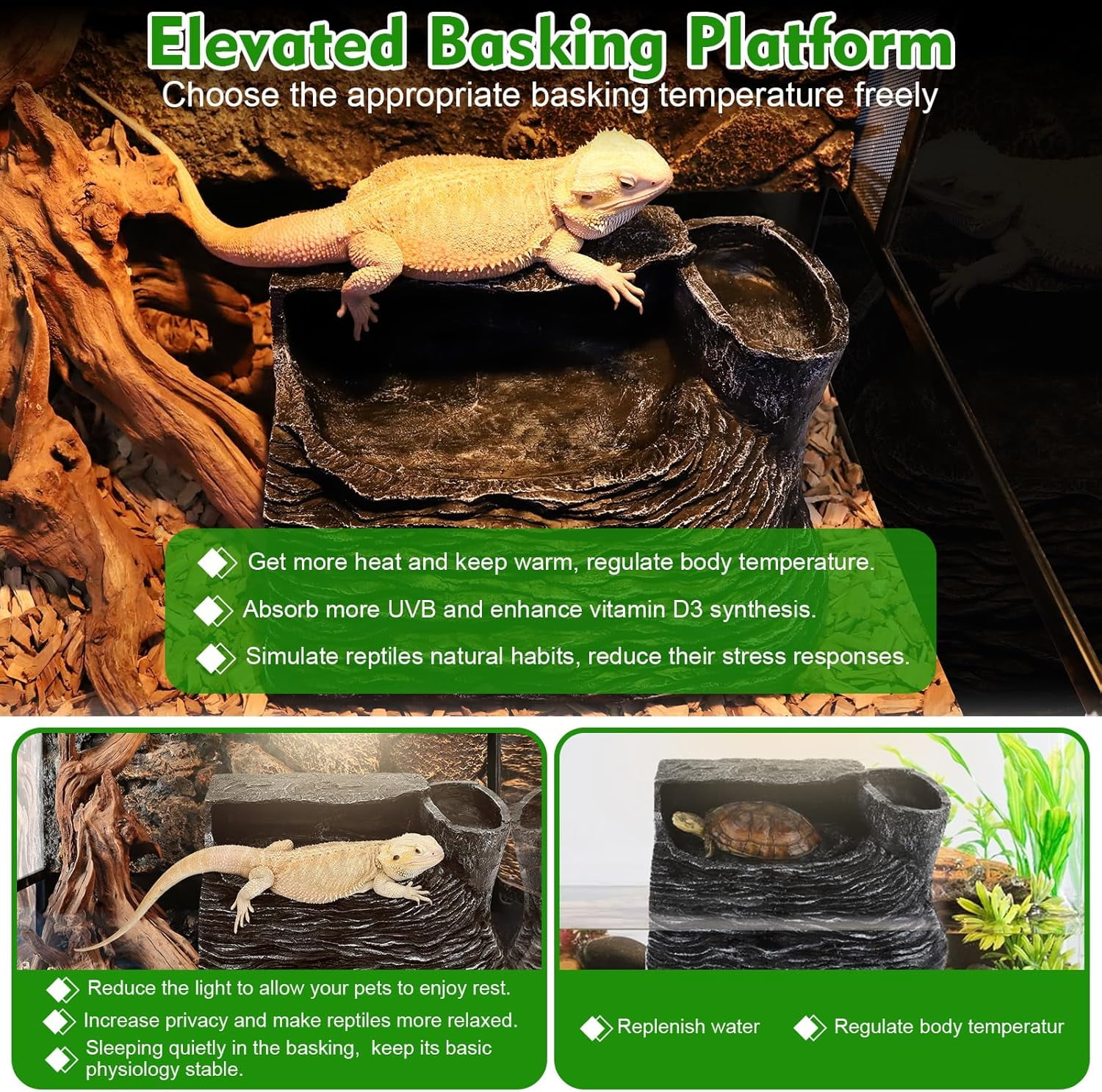 Bearded Dragon Tank Accessories Resin Basking Platform with Water Dish and Climbing Ramp Hide Cave