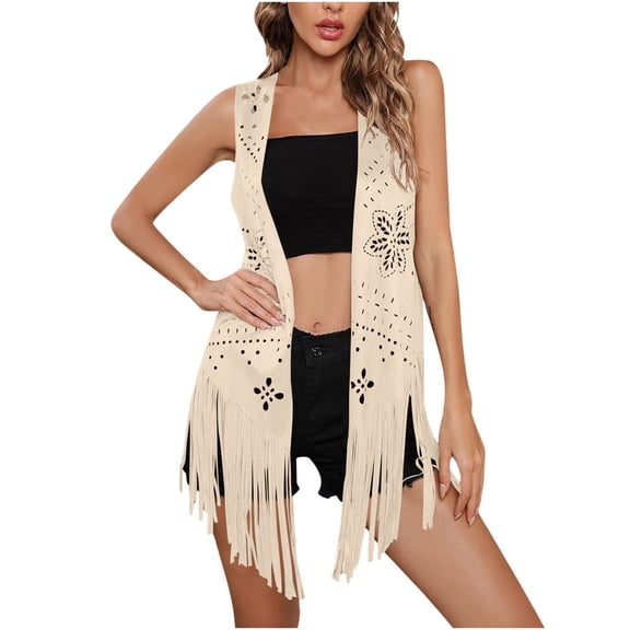 UAMVSH Long Vest for Women Hollow out Tassel Sleeveless Jacket Casual Vintage Suede Open Front Cardigan Western Outfits