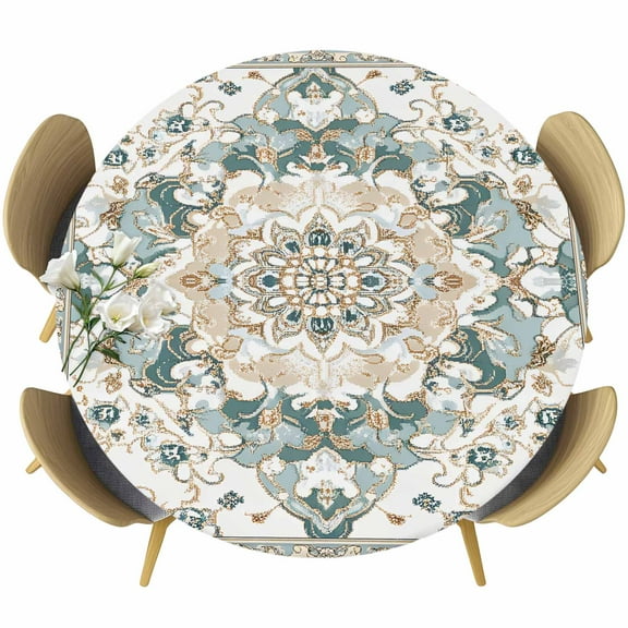 Boho Aztec Round Tablecloth 45-54 Inch Round Fitted Table Cloth with Elastic Edge, Tribal Southwest Ethnic Abstract Pattern Waterproof Table Cover Protector for Outdoor Picnic Party Dining