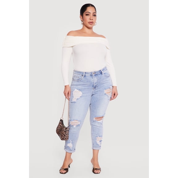 Women's Plus Size WAX Rolled Cuff Distressed Jeans
