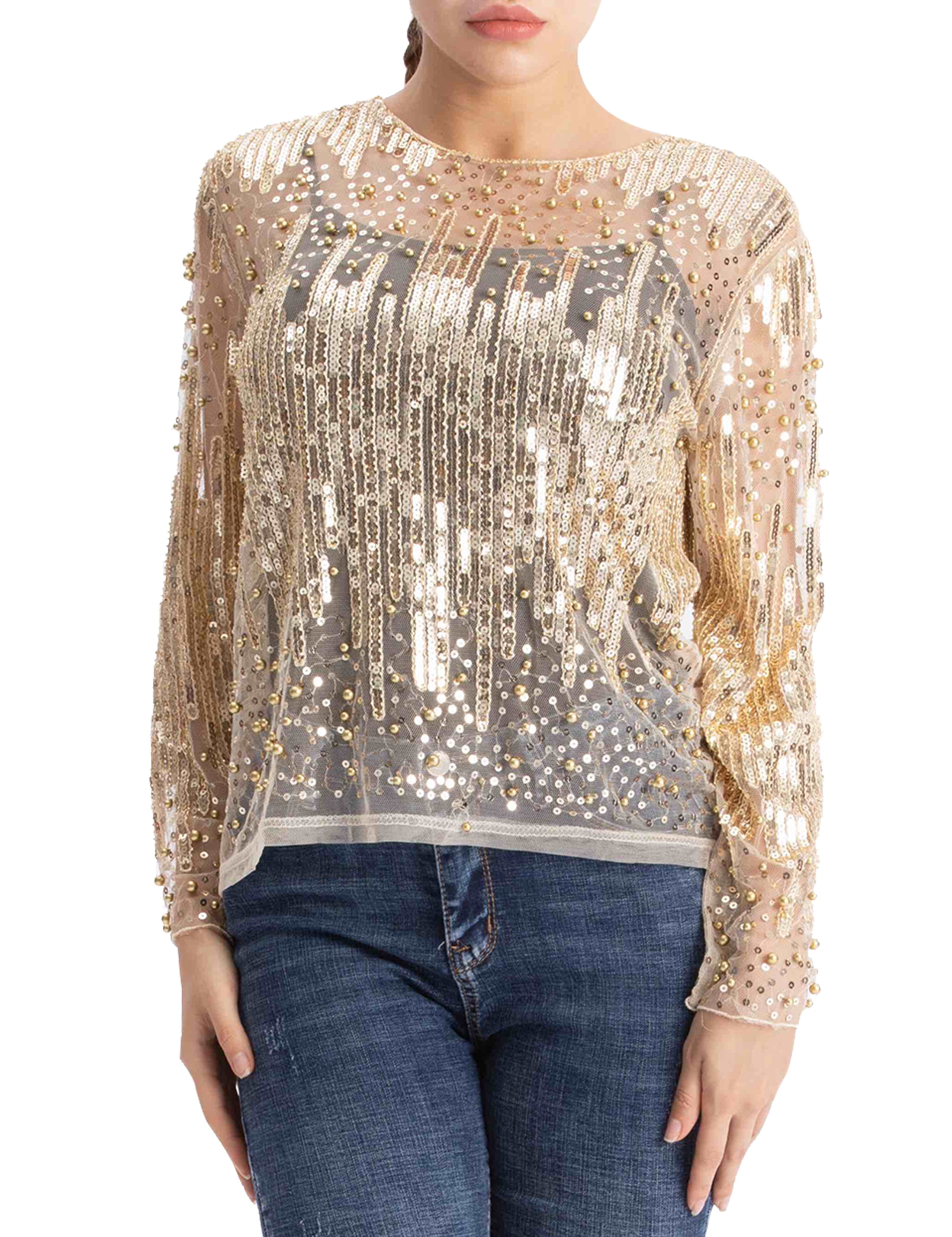 PrettyGuide Women's Sequin Blouse See Through Party Tops Beaded Sparkly ...