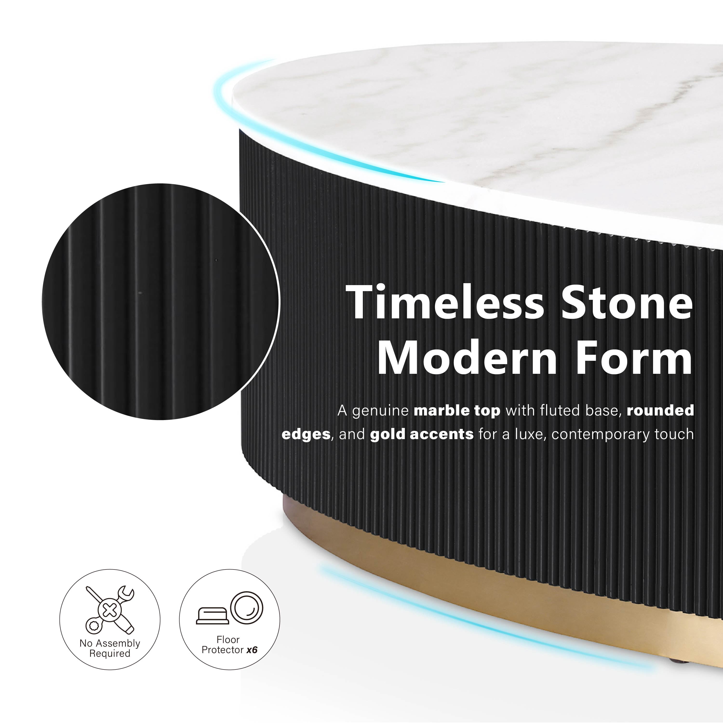 Furniture of America Jaine Modern Marble Top Oval Coffee Table, Black and White