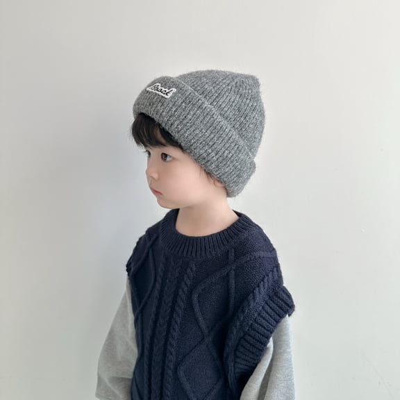 Okli_Rsoe Kids Winter Knitted Embroidery Beanie, Warm Casual Street Style Cap for Boys Girls, Gray