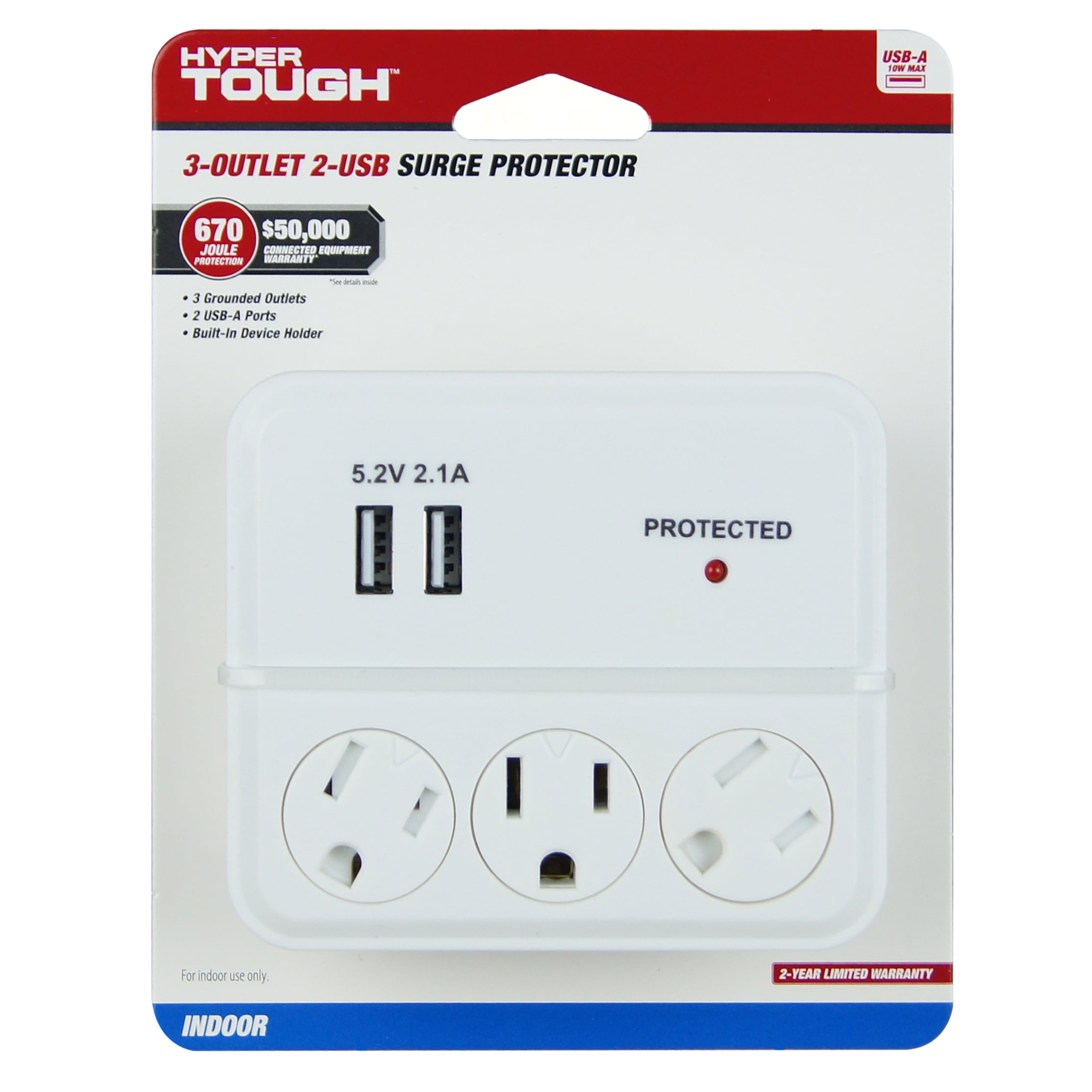 (2 pack) Hyper Tough Indoor 3-Outlet Surge Tap with 2 USB Ports, 15 Amps, White