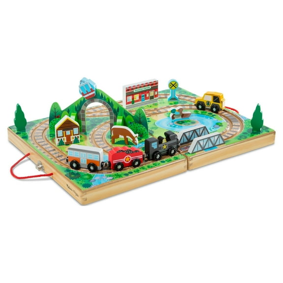 Melissa & Doug 17-Piece Wooden Take-Along Tabletop Railroad and Trains, for Kids and Toddlers 3 