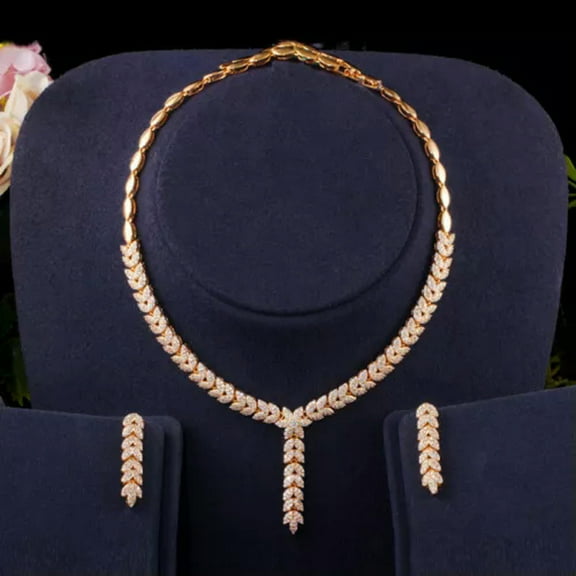 Yellow Gold Plated CZ Long Leaf Necklace Earrings Banquet Costume Jewelry Set