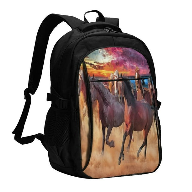 Easygdp a herd of horses Mochila para Laptop de Viaje con Puerto USB, Mochila para Laptop con Puerto de Carga USB para Mujeres y Hombres