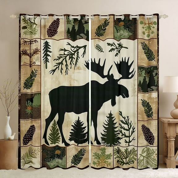 Homewish Wild Animal Moose Black Out Curtains,Country Farmhouse Lodge Curtains Pack of 2 (42x63 Each),Green Beige Bedroom Curtains For Boys Kids,Ultra Soft Home Decor