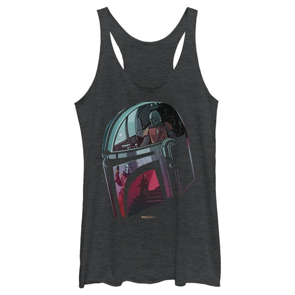 Women's Star Wars: The Mandalorian Helmet Reflection Racerback Tank Top Black Heather Medium