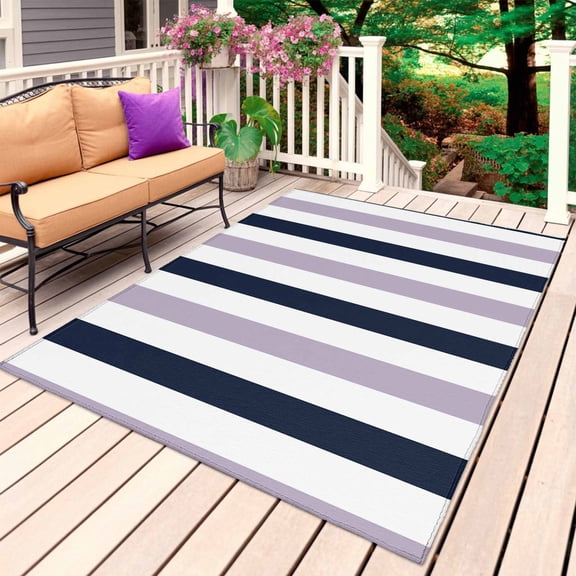 Purple Navy Blue Striped Outdoor Rug 4x6 Ft, Non Slip Washable Area Rug, Farmhouse Stripe Art Patio Rugs Carpet Runner, Large Floor Mat for Indoor/Outdoor Deck Porch Camping
