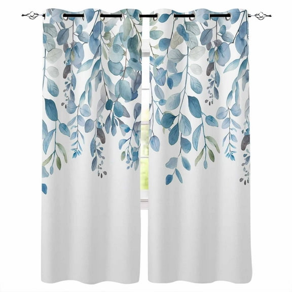 Fsddascl Blue Eucalyptus Leaves Blackout Curtains for Bedroom/Living Room, Thermal Insulated Kitchen Curtains, Watercolor Botanical Weeping Grommet Darkening Window Treatment Drapes 52"x45"x2