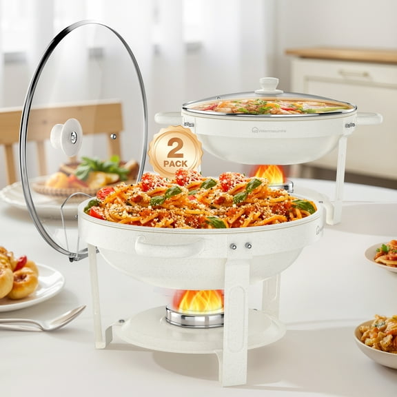 WARMOUNTS White Chafing Dishes for Buffet 2 Pack, 5QT Maifanite Coating Round Chafing Dish Buffet Set, Rolled-Rim Glass Lid & Lid Holder for Parties Serve Wedding Birthday Church Event