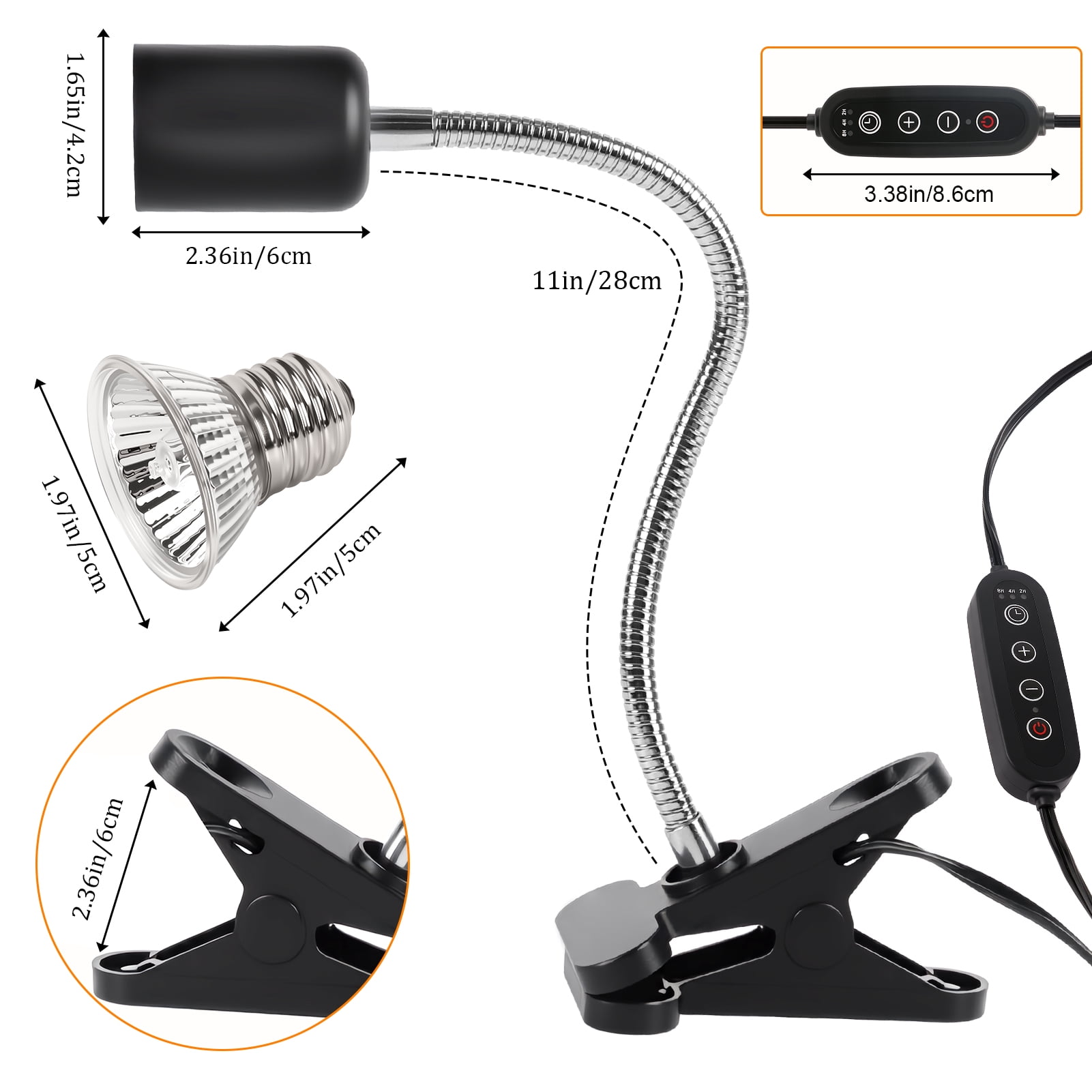 Reptile Heat Lamp with Clamp, UVA UVB Turtle Basking Light, Timer & Dimming, 360° Rotatable for Bearded Dragon/Lizard/Snake/Amphibians, 2 Bulbs 50W