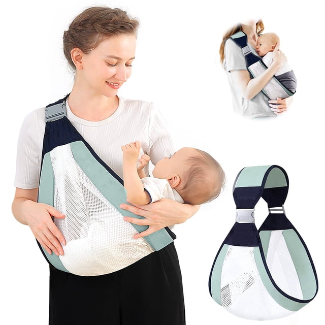 baby sling carrier, adjustable half wrapped sling hip carrier - lightweight breathable mesh fabric for newborn (green) madre usando rebozo de malla verde y blanco en vista 3/4; bandolera acolchada de un solo hombro con clip de liberación rápido, malla transpirable que sostiene al recién nacido en postura de cuna; secundarias muestran porteo en cadera y rebozo plegado, adecuado también para lactancia discreta.