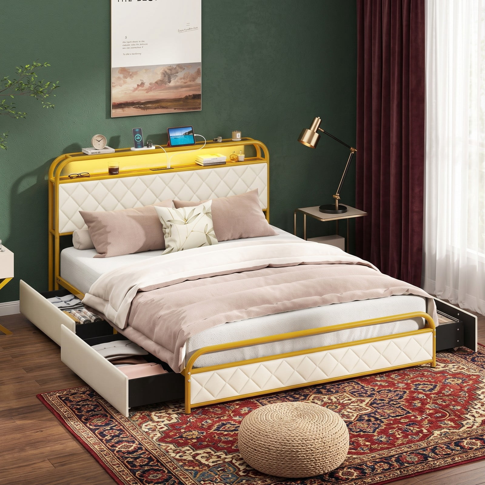 Furnibear Queen Size Bed Frame with LED Lights Charging Station 4 Drawers and Upholstered Headboard, Queen Platform Bed Frame for Bedroom, Gold