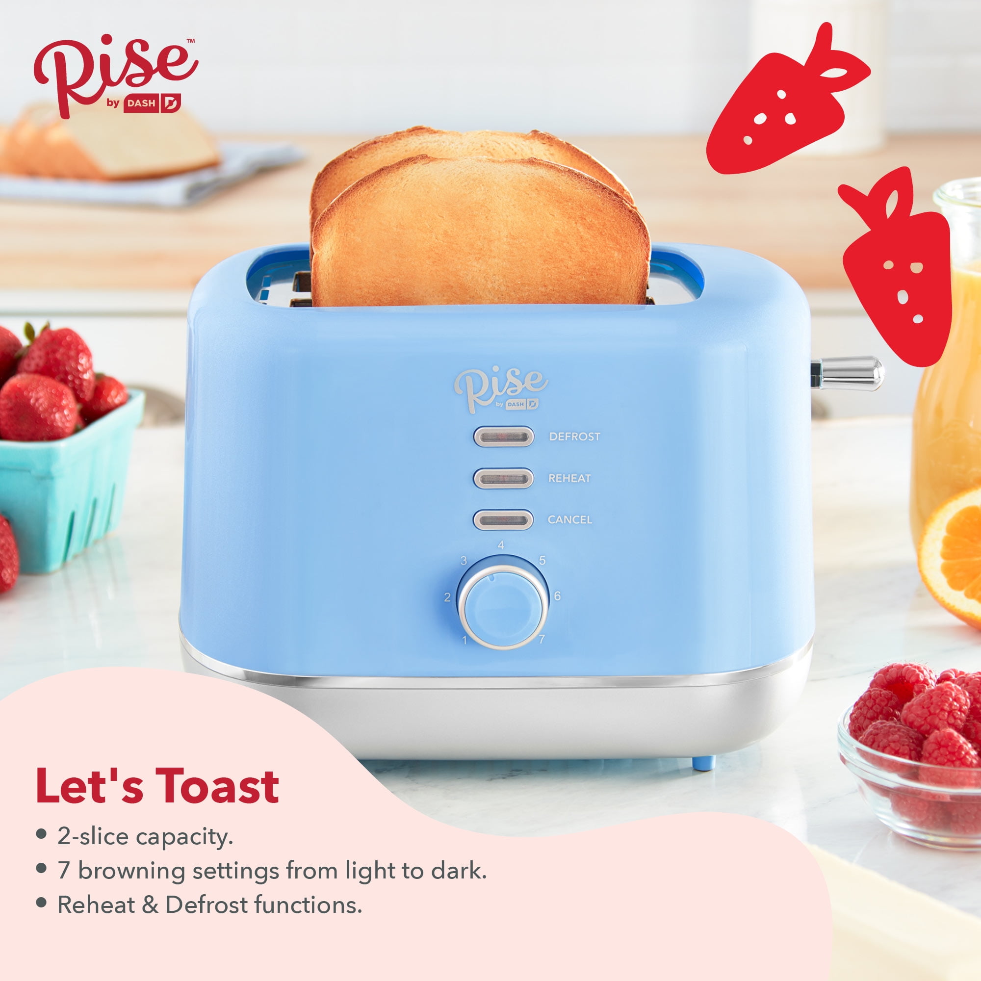 Rise by Dash 2-Slice Toaster: Defrost, Reheat + Auto Shut off, 7 Browning Levels for Bread, English Muffins & More - Blue