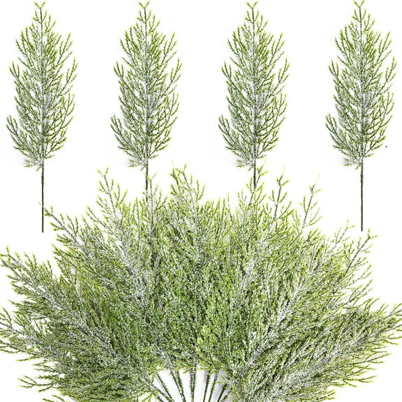 25Pcs Christmas Snow Frosted Pine Branches- 13.5" Snowy Artificial Pine Needles Branches Twigs for Christmas Wreath Home Garden Decoration