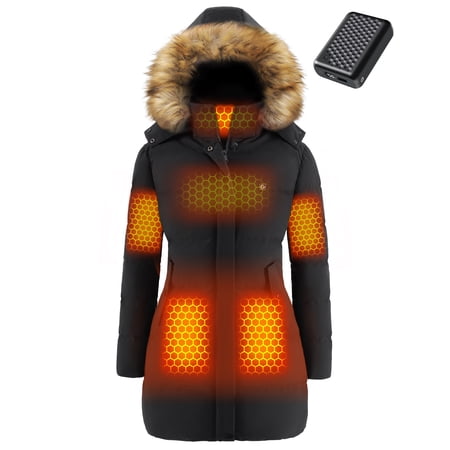 Fuklindy Graphene Heated Jacket for Women with Battery 12V Fast Charge 18400mAh Large Capacity Winter Outdoor Lightweight Heating Jackets Long Down Jacket Black