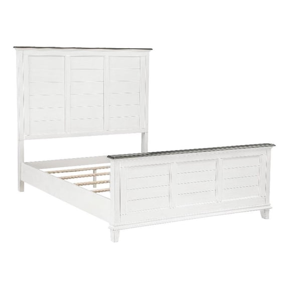 Woki Queen Size Bed- Solid Wood Panel Design- Farmhouse White and Brown