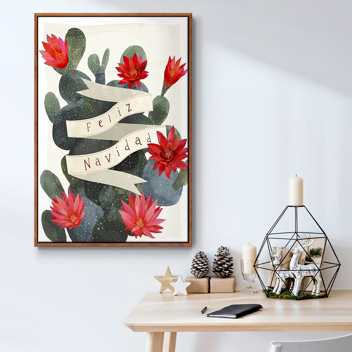 Desert Christmas Cactus I - Framed Gallery Wrapped Holiday Canvas - 25 x 37 - Rosewood Frame