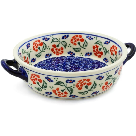 Polish Pottery 6-inch Round Baker with Handles Hand Painted in Boleslawiec, Poland + Certificate of Authenticity