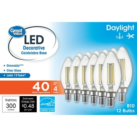 Great Value LED Light Bulb, 4 Watts (40W Equivalent) B10 Deco Lamp E12 Candelabra Base, Dimmable, Daylight, 12-Pack