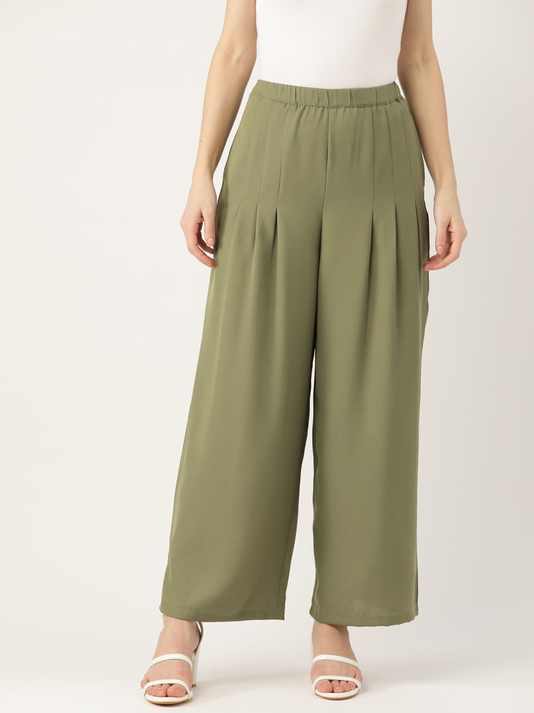 DressBerry - By Myntra Women Olive Green Solid Pleated Mid-Rise Regular ...