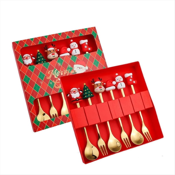 Juego de Tenedor y Cuchara Navideños de 6 Piezas, Vajilla de Acero Inoxidable, Juego de Tenedores y Cucharas para Postre, Té y Café