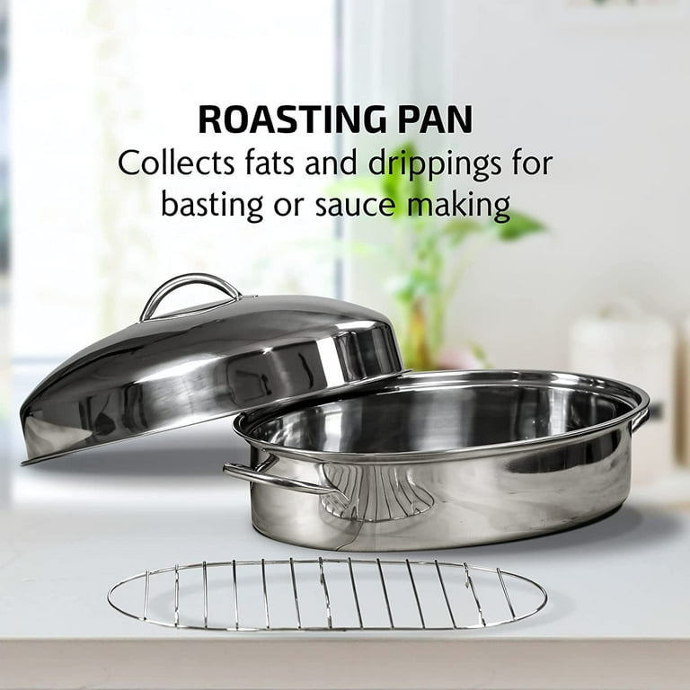 Stainless Steel Oval Lidded Roaster Pan Extra Large & Lightweight With Lid  & Wire Rack | Multi-Purpose Oven Cookware High Dome | Meat Joints Chicken