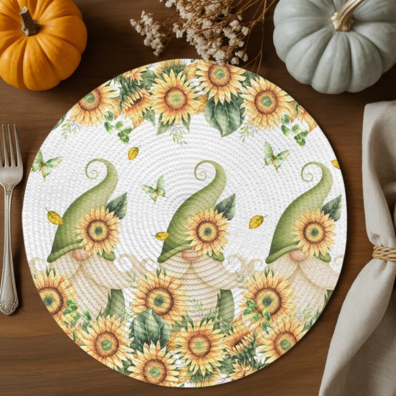 Yellow Sunflower Round Braided Placemats Set of 6, Gnome Leaf Butterfly Pastoral Plant Heat Insulation Place Mats Washable Non-Slip Table Mats for Kitchen Dining Party, 15 Inches
