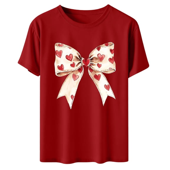 Womens Valentines Tshirts Cute Bow Valentine Day Graphic Tees Pullover Summer Short Sleeve Casual Tee Tops, 2XL Red