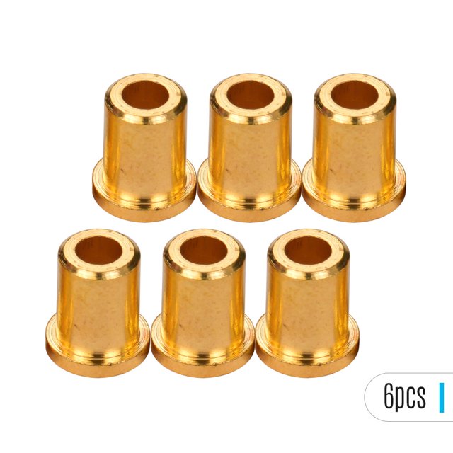 6-Pack Gold Straight Barrel Electric Guitar String Ferrules - Metal String-Through-Body Bridge Guide Sleeves with 8.5mm Total Height, 7mm Flange Diameter, 3mm Interior Diameter - Smooth Finish String