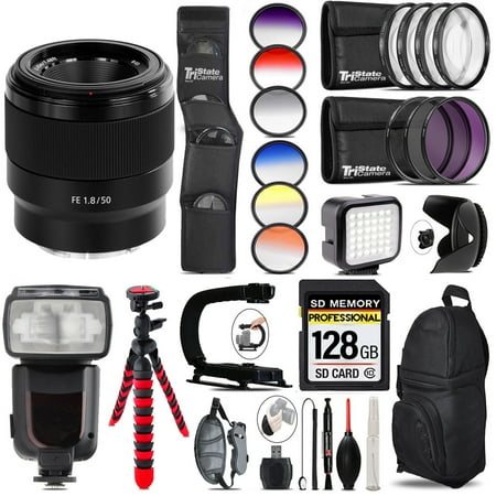 Sony FE 50mm f/1.8 Lens + LED Light - 128GB Accessory Bundle