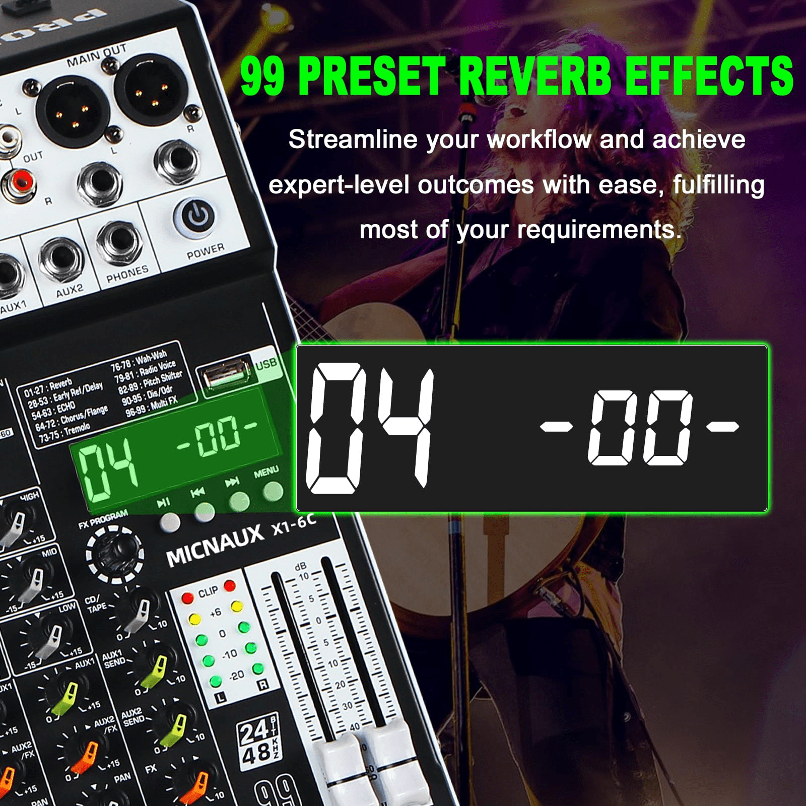 Audio Mixer 6 Channel Professional Sound Mixer Console with 99 DSP Effects, Mixing Board DJ Mixer w/USB, Bluetooth, 48V Power Supply, PAD Button for Recording Karaoke PA Drum Live Music