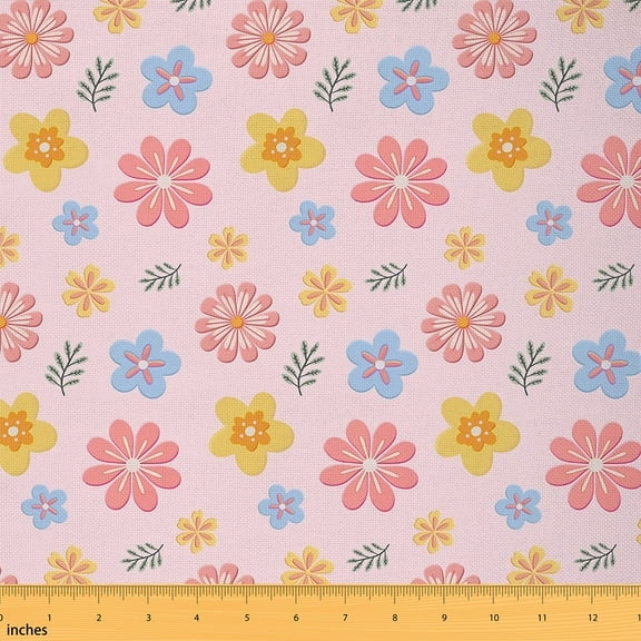Homewish Girly Pink Flower Fabric by the Yard 1 Yard, Cartoon Blossoms Floral Room Decor Fabric by the Yard, Teens Girls Kids Female Sewing Fabric, Luxury Bedroom Decor