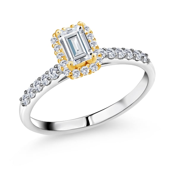 Gem Stone King 925 Silver and 10K Yellow Gold Moissanite and White Lab Grown Diamond Engagement Ring for Women | 0.90 Cttw | Emerald Cut 6X4MM | Gemstone Birthstone | Size 9