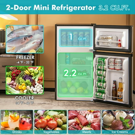 Costway - 3.2 Cu.Ft Mini Refrigerator with  Freezer Compact Fridge with  2 Reversible Door - Black / Silver