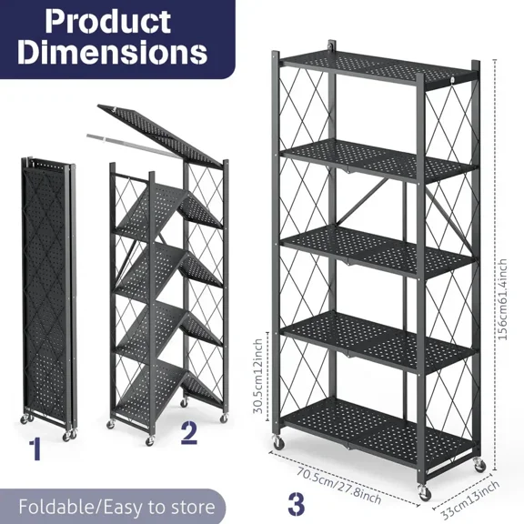 Heavy Duty 5-Tier Foldable Storage Shelf, Waterproof Rustproof Organizer Rack, Space Saving for Kitchen Pantry Living Room