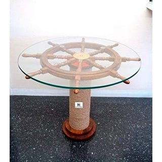 Nagina International Nautical Authentic Wood Crafted Coffee Table with  Thick Clear Glass Top | Maritime Ship Wheel Tables with Rope Pillar (24  Inches)