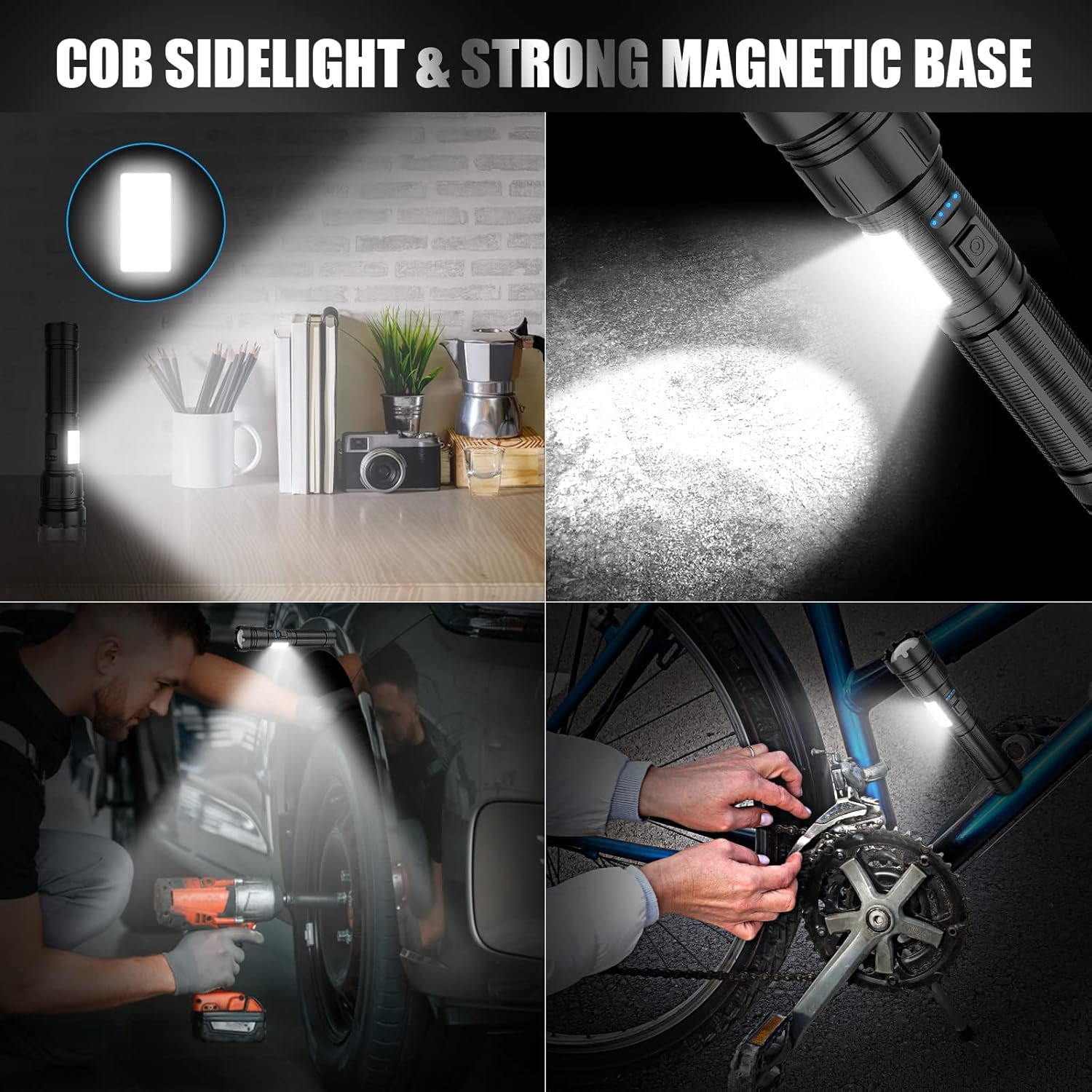 Super Bright 10000LM LED Flashlight - Magnetic, Rechargeable, 7 Modes & Zoomable - COB Side Light for Outdoor, Emergency Kits, Night Fishing, Camping,Hiking