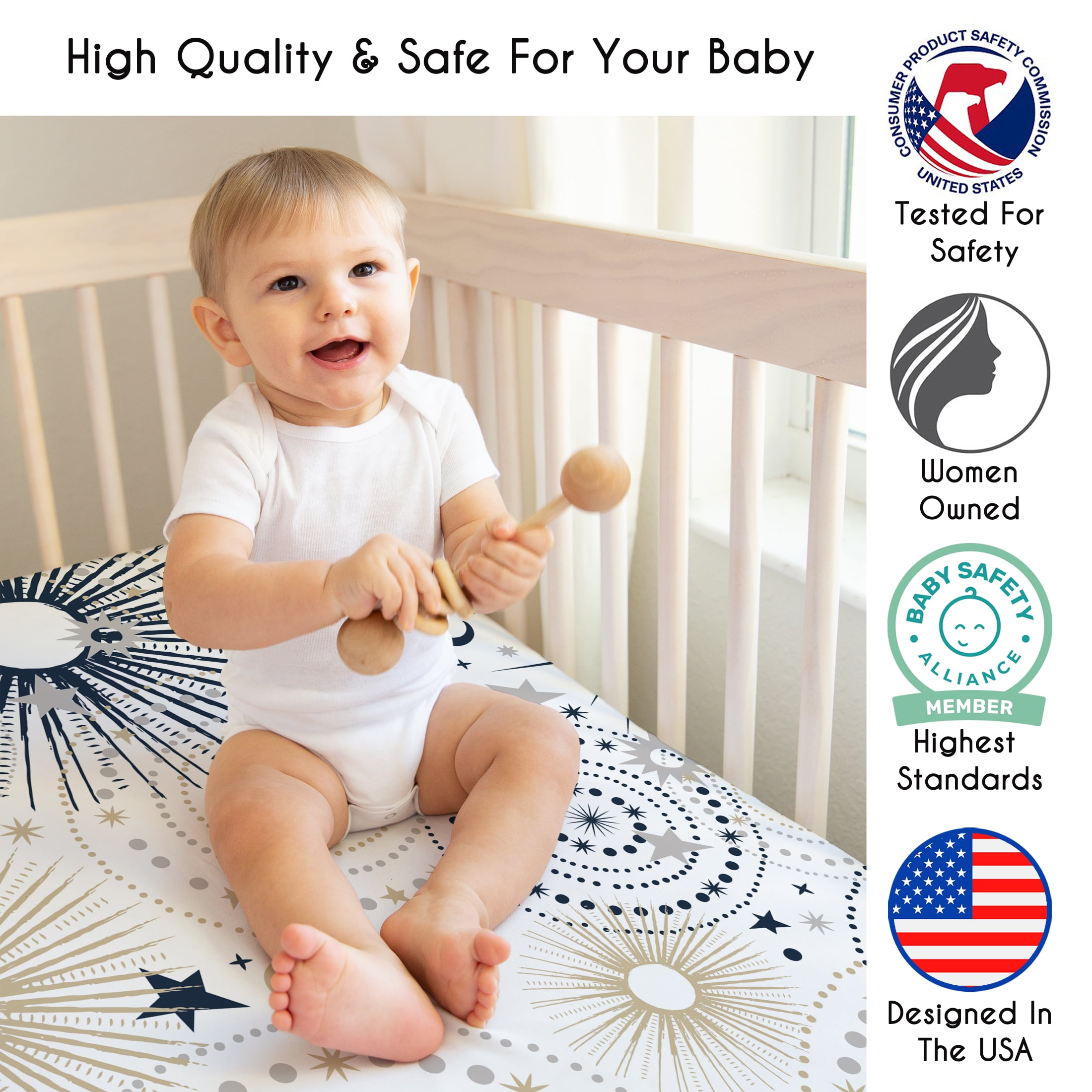 Sweet Jojo Designs Celestial Navy Blue and Gold Boy, Girl, Unisex/Gender Neutral Fitted Crib Sheets Set 2 Piece