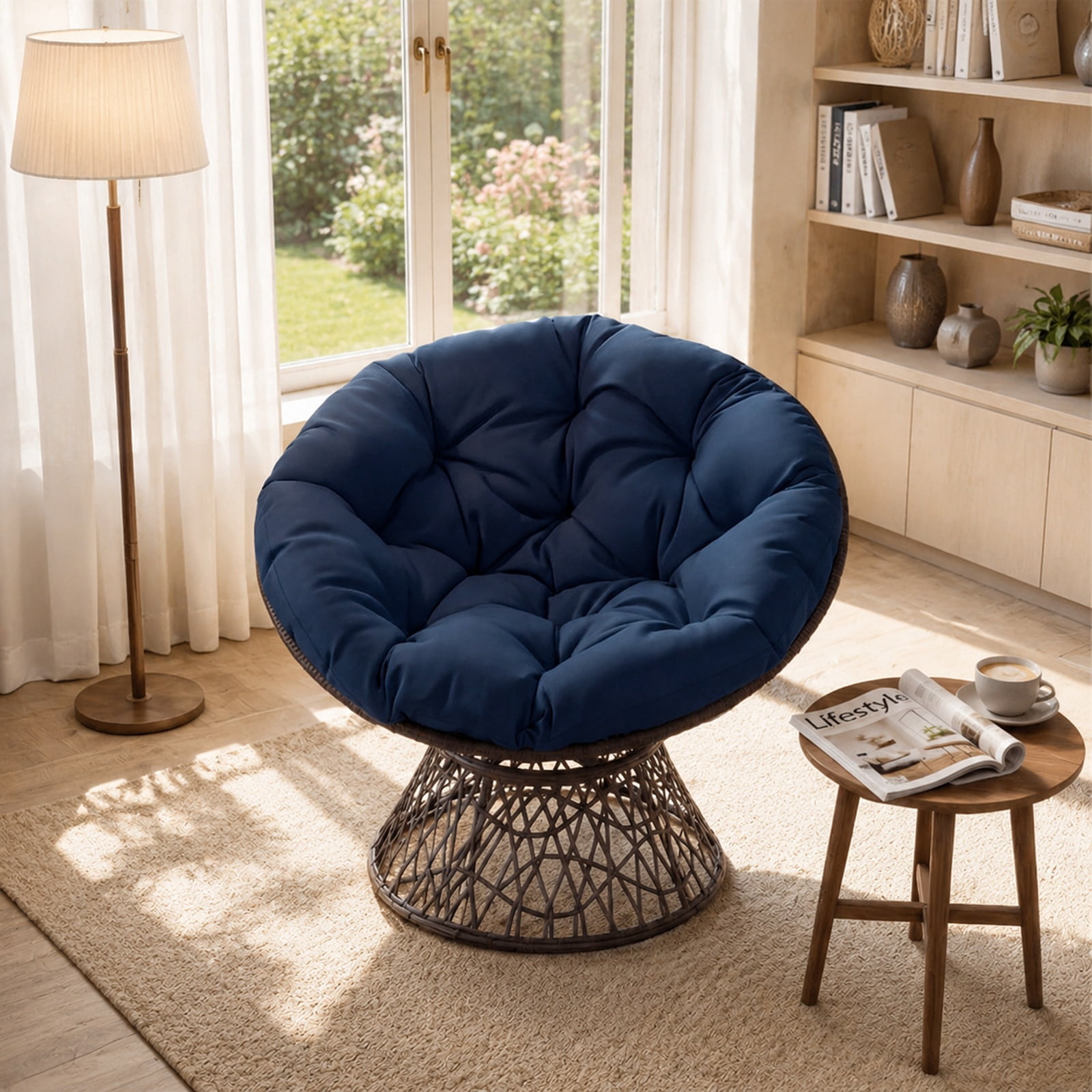 Furnibear Swivel Papasan Chair with Round Wicker Bowl Seat and Thick Soft Cotton Cushion for Living Room Bedroom and Patio, Navy
