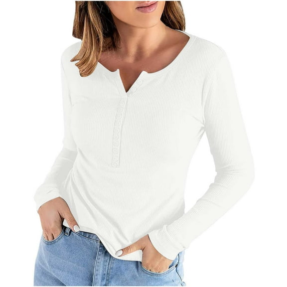 cfhntfmh Women's Henley Shirts Long Sleeve V Neck Solid Ribbed Button Down Knit Sweater Blouses Trendy Fitted Tops Tunic Shirts