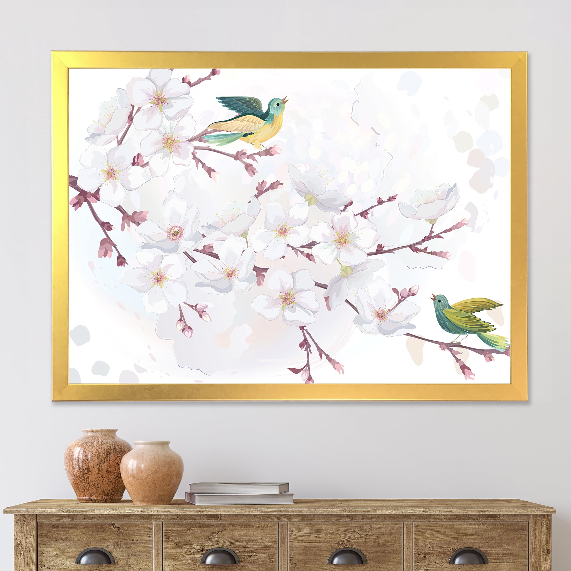 Designart 'Blossoming Cherry Tree and Birds' Traditional Framed Art Print