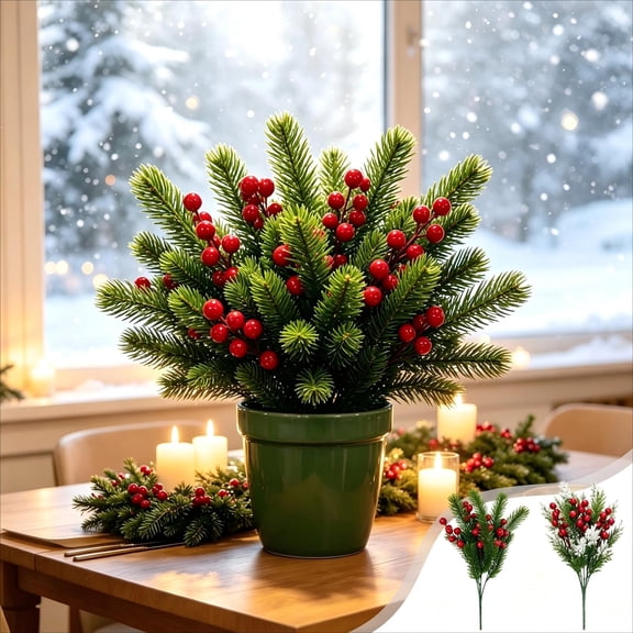 Artificial Christmas Frosted Cedar Picks with Red Berries, Bendable Stems for Wreath Garland Centerpiece Home Decor