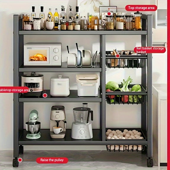 Movable 4-Layer Kitchen Shelf - Adjustable Metal Rack with 3 Wire Baskets & Wheels for Garage, Pantry, Bathroom & Closet, Kitchen Organizer with Storage, Ideal New Home Gift