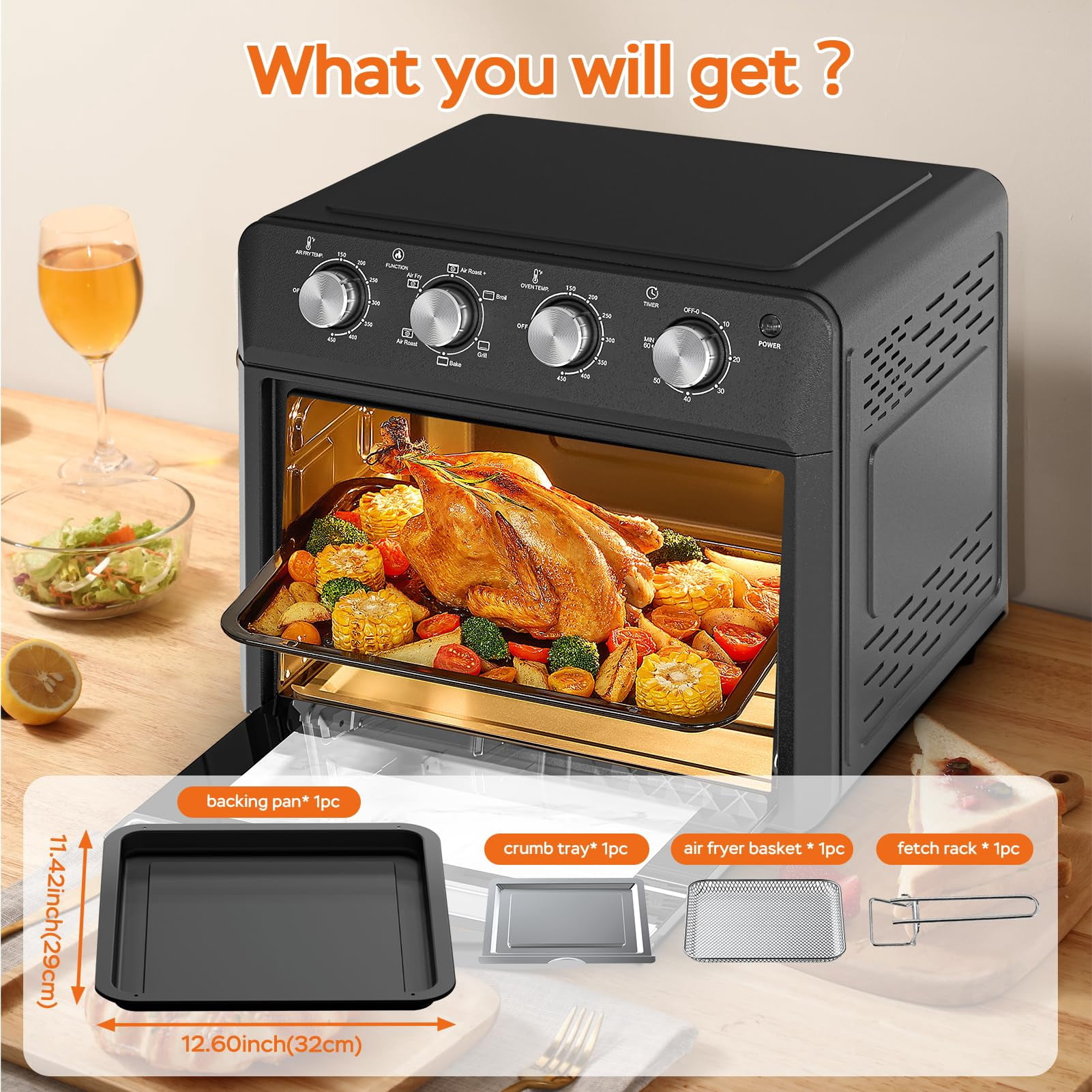 Plum chef 27.5QT 6-in-1 Air Fryer Toaster Oven Extra Large Dropdown-Door 6-Slice Convection Oven for Air Frying, Baking, Roasting, Broiling & Grilling, Stainless Steel Housing, Black