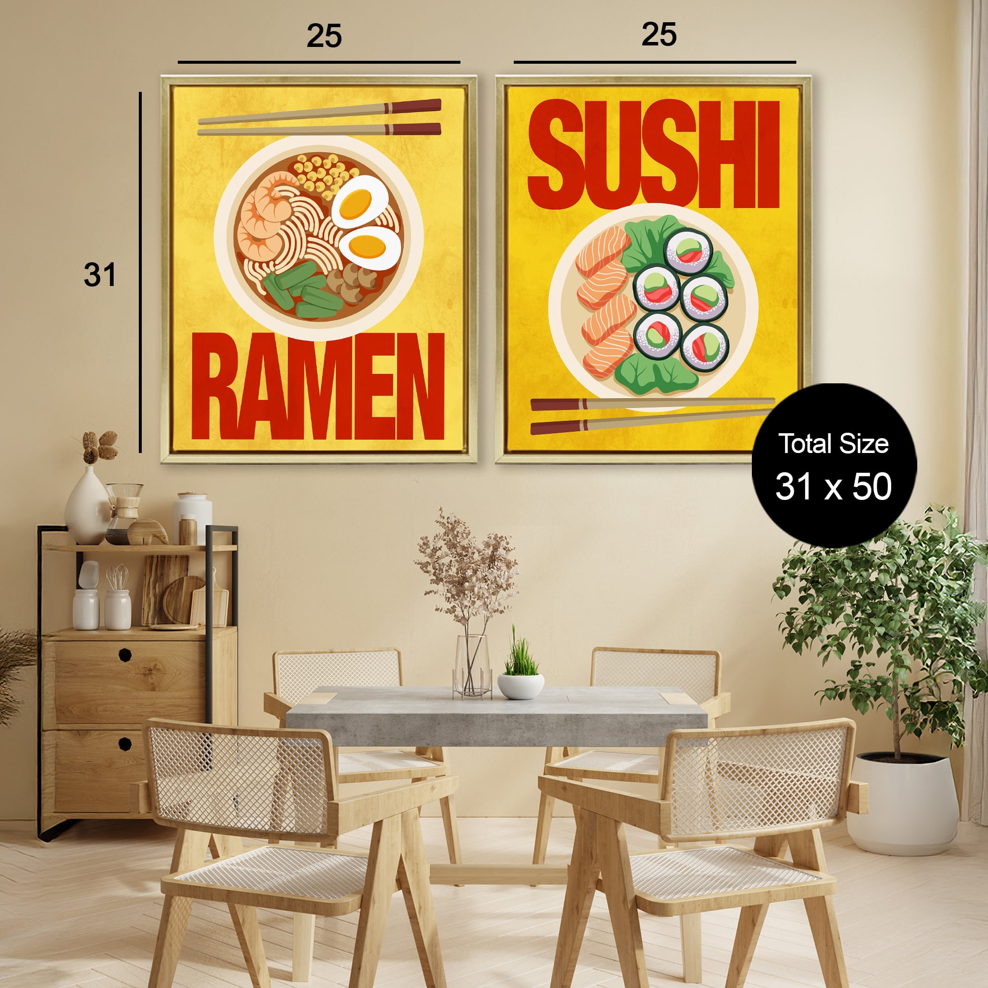 Stupell Industries Ramen & Sushi Japanese Cuisine 2 Piece Gold Framed Floater Canvas Set, design by Marcus Prime