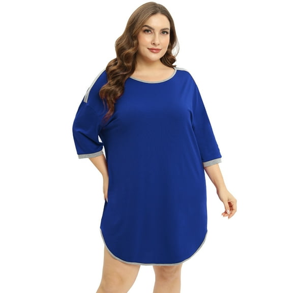Baozhu Women's Plus Size Nightgowns 3/4 Sleeve Sleepwear Soft Crew Neck Sleep T Shirt Night Shirt Asymmetrical Hem Above the Knee Length Sleep Pajama Dress, XL-4XL